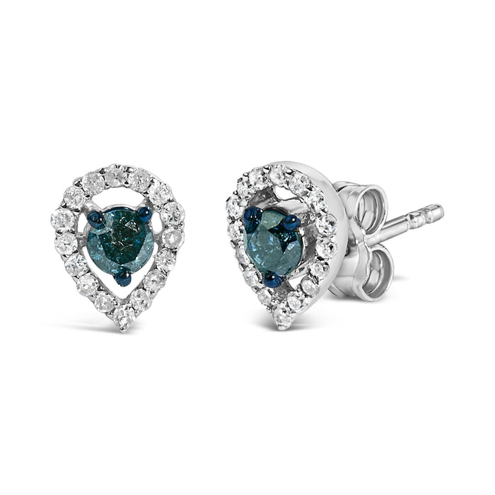 Aretes de botón de halo en forma de pera con diamantes azules y blancos de 1/2 ct. p.t. en plata de ley, foto 2