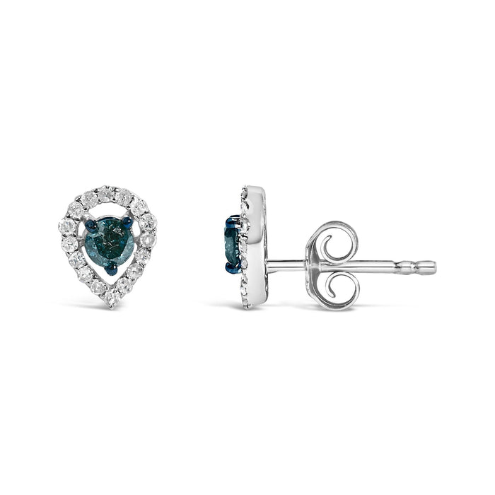 Aretes de botón de halo en forma de pera con diamantes azules y blancos de 1/2 ct. p.t. en plata de ley, foto 4
