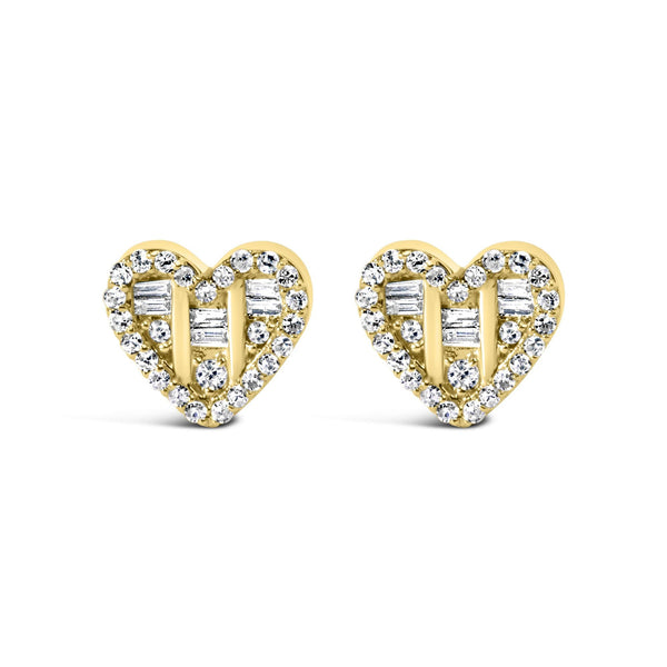 Aretes de botón compuestos en forma de corazón con diamantes redondos y baguette de 1/2 ct. p.t. en plata de ley, foto 2