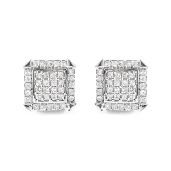 Aretes de botón de racimo con halo y diamantes talla princesa de 1 1/10 ct. p.t. en oro blanco de 10K, foto 1