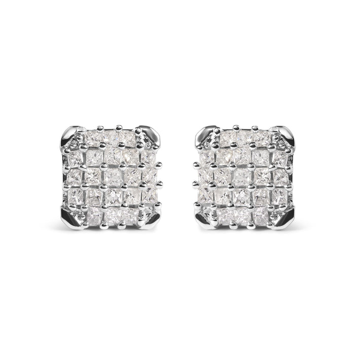 Aretes de botón de racimo con marco calado y diamantes de talla princesa de 3/4 ct. p.t. en oro blanco de 10K, foto 1