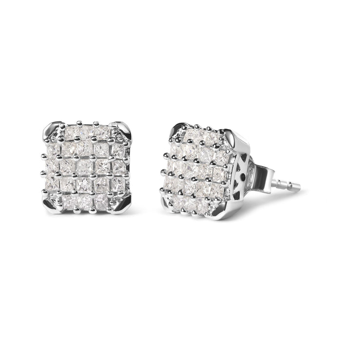 Aretes de botón de racimo con marco calado y diamantes de talla princesa de 3/4 ct. p.t. en oro blanco de 10K, foto 2