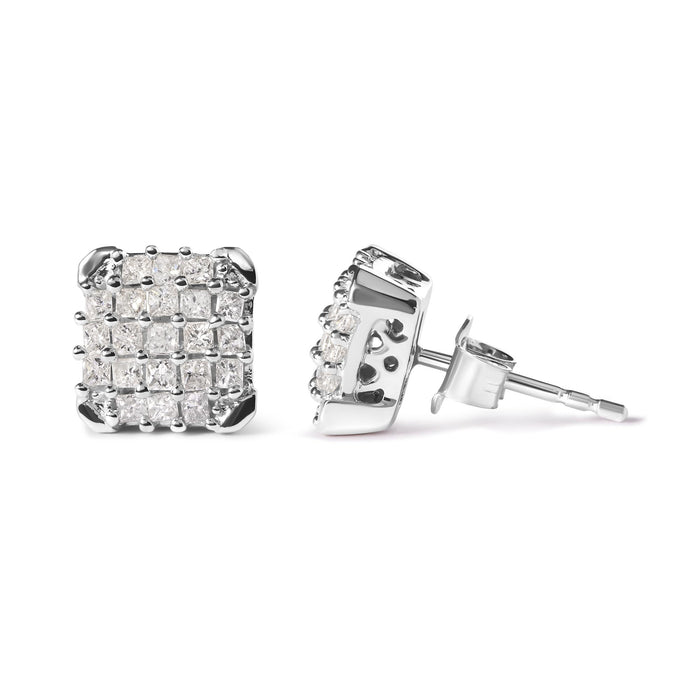 Aretes de botón de racimo con marco calado y diamantes de talla princesa de 3/4 ct. p.t. en oro blanco de 10K, foto 4