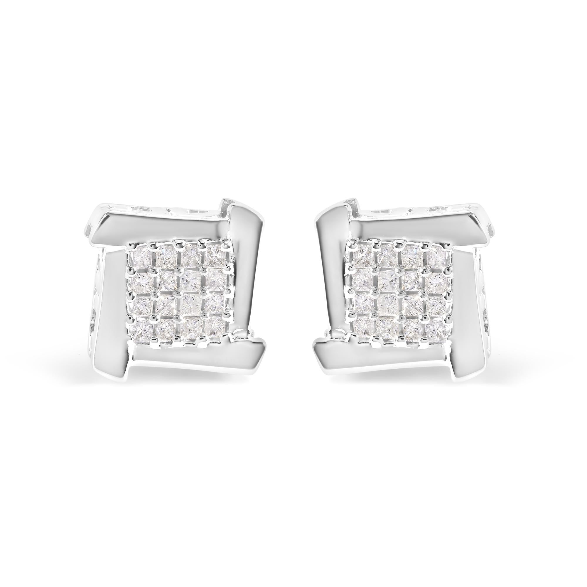 Aretes de botón de racimo cuadrado con remolino y diamantes talla princesa de 1/2 ct. p.t. en oro blanco de 10K, foto 1