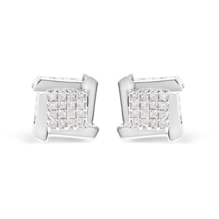 Aretes de botón de racimo cuadrado con remolino y diamantes talla princesa de 1/2 ct. p.t. en oro blanco de 10K, foto 1