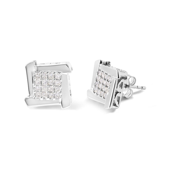 Aretes de botón de racimo cuadrado con remolino y diamantes talla princesa de 1/2 ct. p.t. en oro blanco de 10K, foto 2