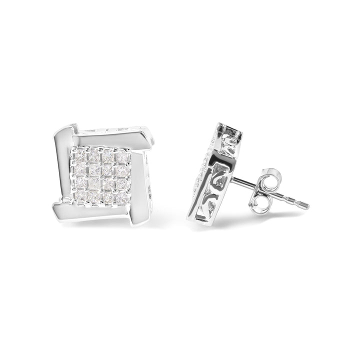 Aretes de botón de racimo cuadrado con remolino y diamantes talla princesa de 1/2 ct. p.t. en oro blanco de 10K, foto 4