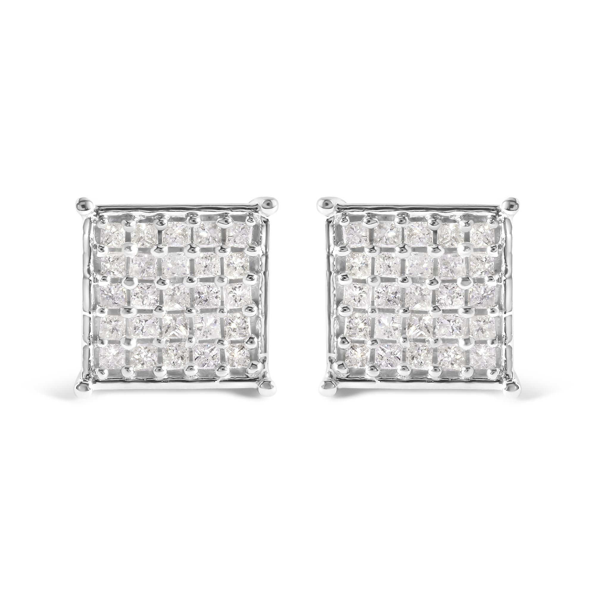 Aretes de botón de racimo con diamantes de talla princesa de 3/4 ct. p.t. en oro blanco de 10K, foto 1