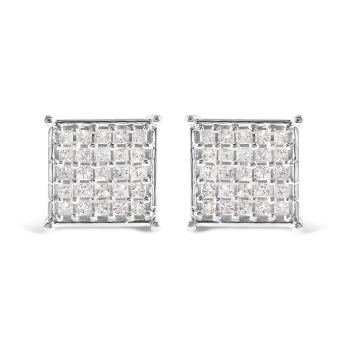 Aretes de botón de racimo con diamantes de talla princesa de 3/4 ct. p.t. en oro blanco de 10K, foto 1