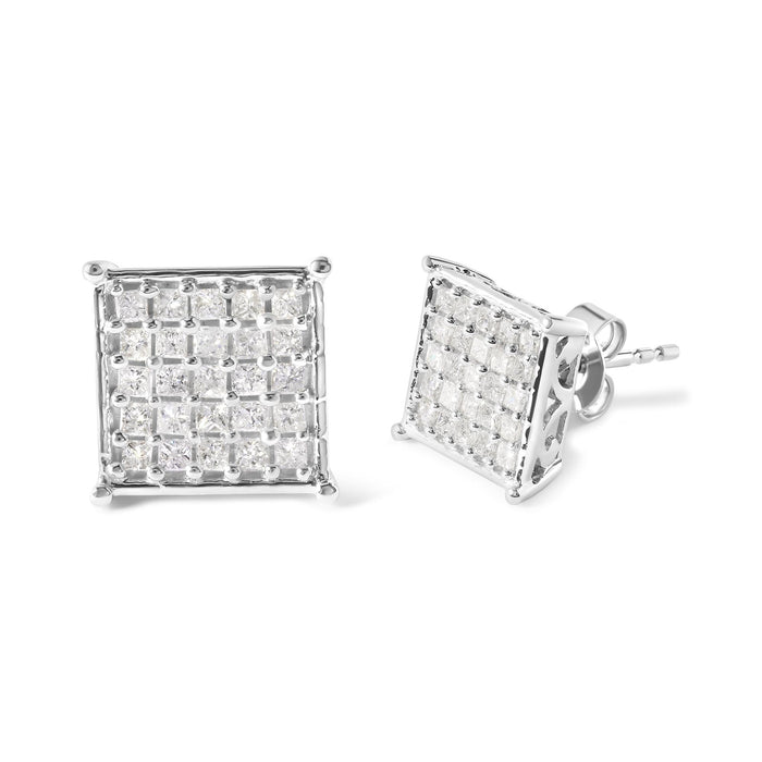 Aretes de botón de racimo con diamantes de talla princesa de 3/4 ct. p.t. en oro blanco de 10K, foto 2