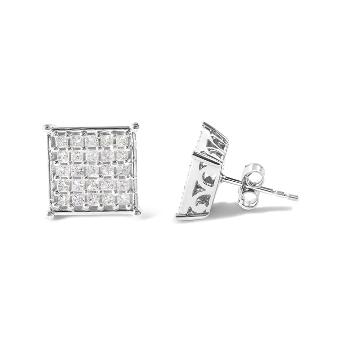 Aretes de botón de racimo con diamantes de talla princesa de 3/4 ct. p.t. en oro blanco de 10K, foto 4