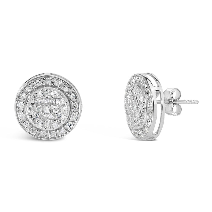 Aretes de botón compuestos con halo y diamantes de 3/4 ct. p.t. en plata de ley, foto 2