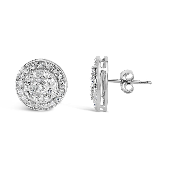 Aretes de botón compuestos con halo y diamantes de 3/4 ct. p.t. en plata de ley, foto 4