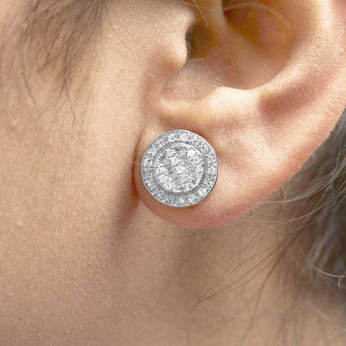 Aretes de botón compuestos con halo y diamantes de 3/4 ct. p.t. en plata de ley, foto 3