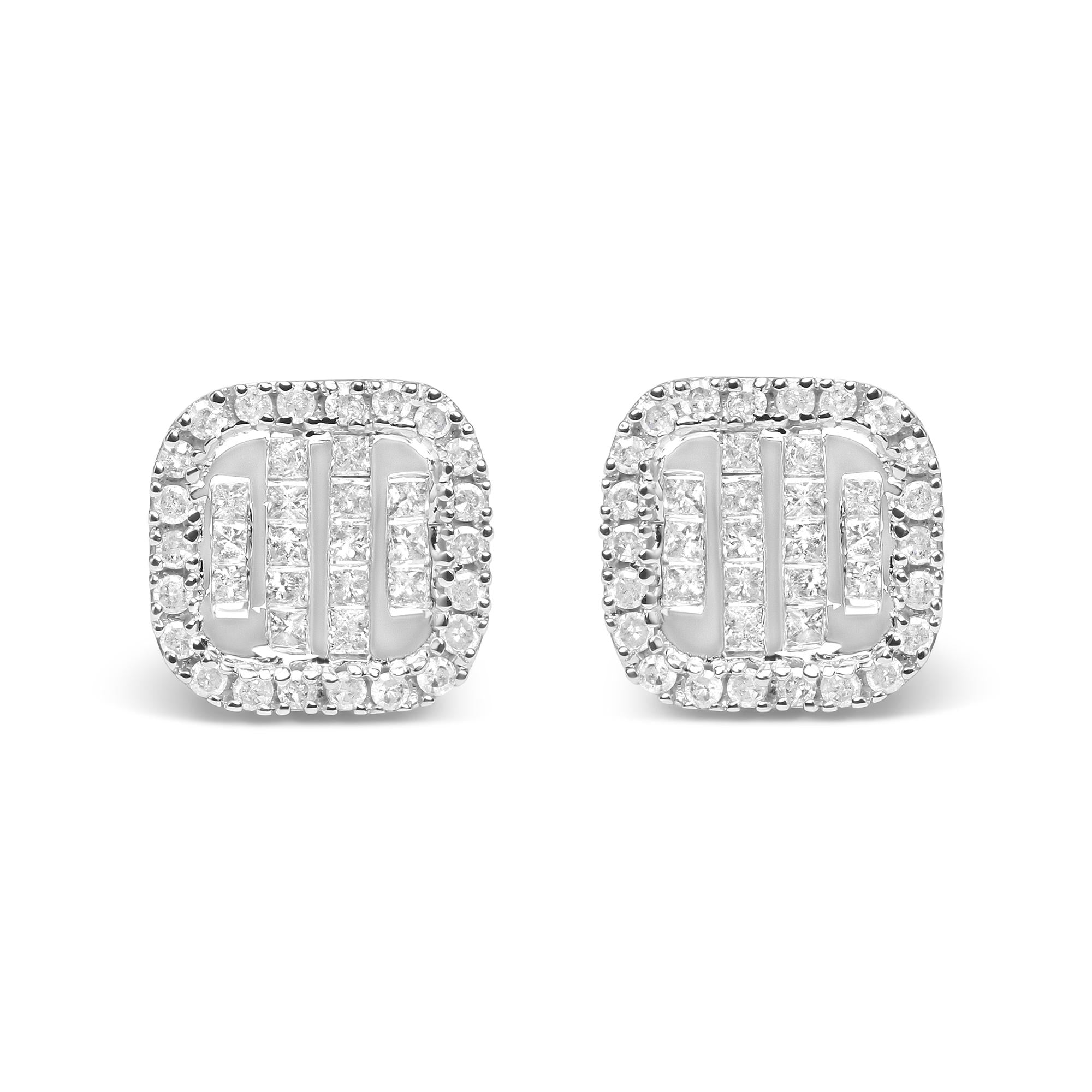 Aretes de botón de racimo y halo con diamantes talla princesa de 7/8 ct. p.t. en oro blanco de 10K, foto 1