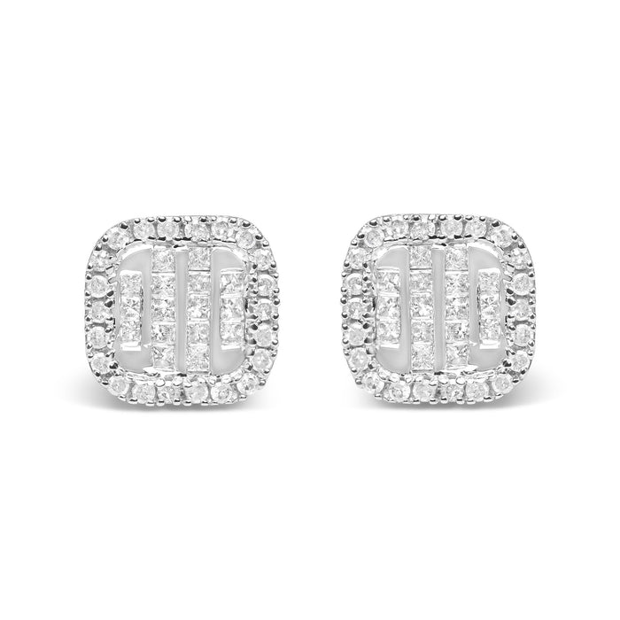 Aretes de botón de racimo y halo con diamantes talla princesa de 7/8 ct. p.t. en oro blanco de 10K, foto 1