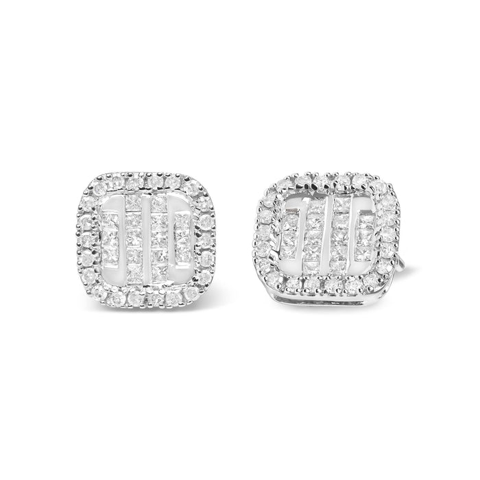 Aretes de botón de racimo y halo con diamantes talla princesa de 7/8 ct. p.t. en oro blanco de 10K, foto 2