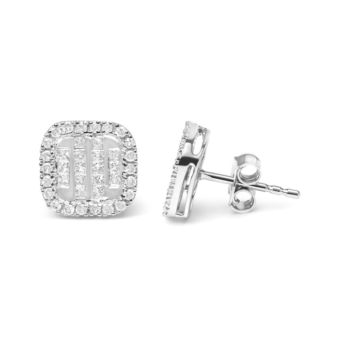 Aretes de botón de racimo y halo con diamantes talla princesa de 7/8 ct. p.t. en oro blanco de 10K, foto 4