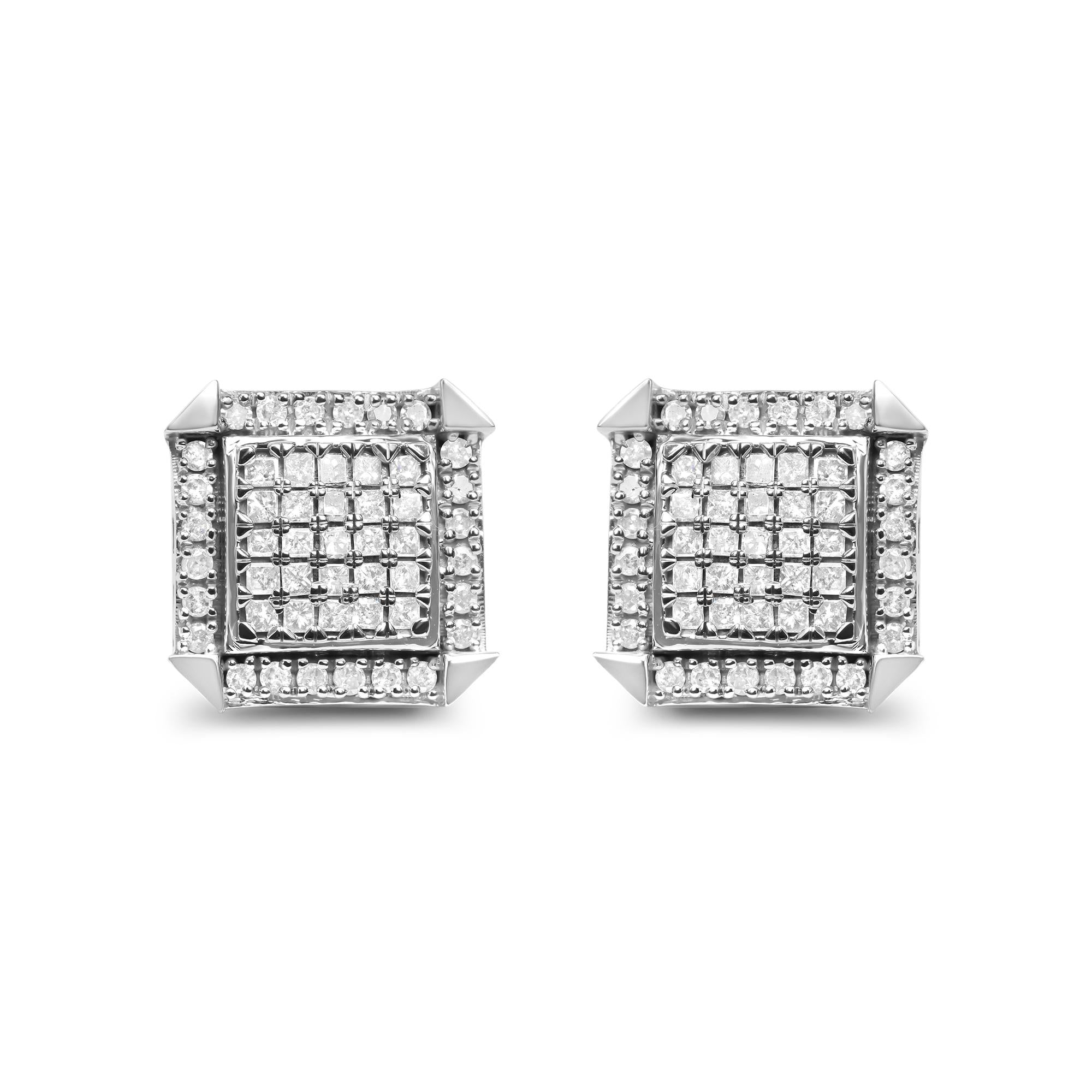 Aretes de botón de racimo con halo y diamantes de 1 ct. p.t. en oro blanco de 10K, foto 1