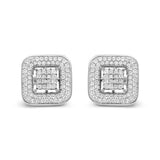 Aretes de botón de racimo con halo calado y diamantes redondos y de talla princesa de 1 ct. p.t. en oro blanco de 10K