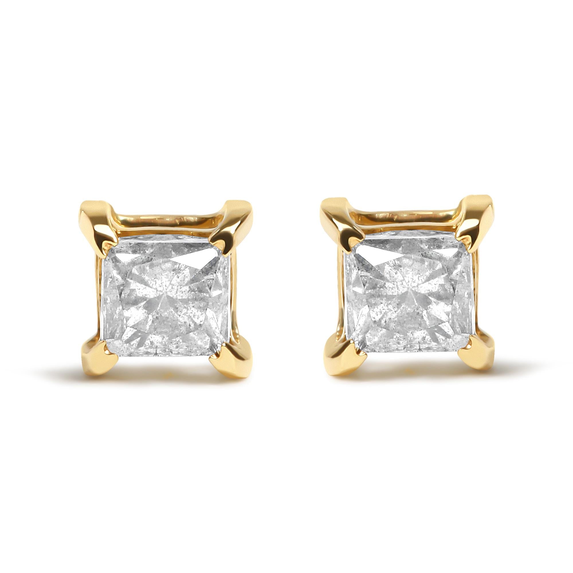 Princess-Cut Diamond Push-Back 4-Prong Classic Stud Earrings in 10K Yellow Gold-Plated Sterling Silver, photo 1