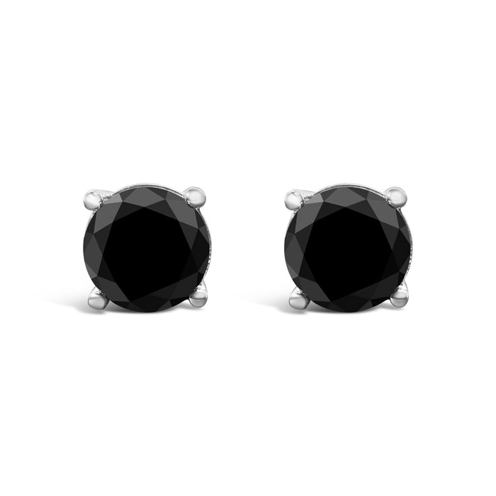 Aretes de botón clásicos de 4 garras con diamantes negros tratados y cierre de rosca en oro blanco de 14K, foto 2