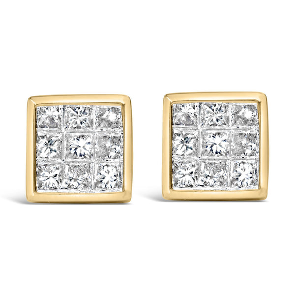 Aretes de botón de racimo con cierres de rosca y diamantes de talla princesa de 1 ct. p.t. en oro amarillo de 14K, foto 1