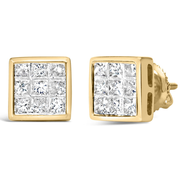 Aretes de botón de racimo con cierres de rosca y diamantes de talla princesa de 1 ct. p.t. en oro amarillo de 14K, foto 2