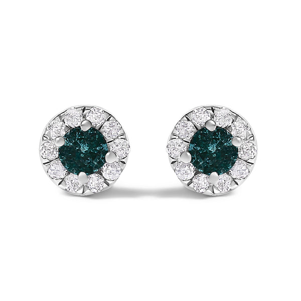 Aretes de botón de halo con diamantes azules tratados y blancos de 1/3 ct. p.t. en plata de ley, foto 2