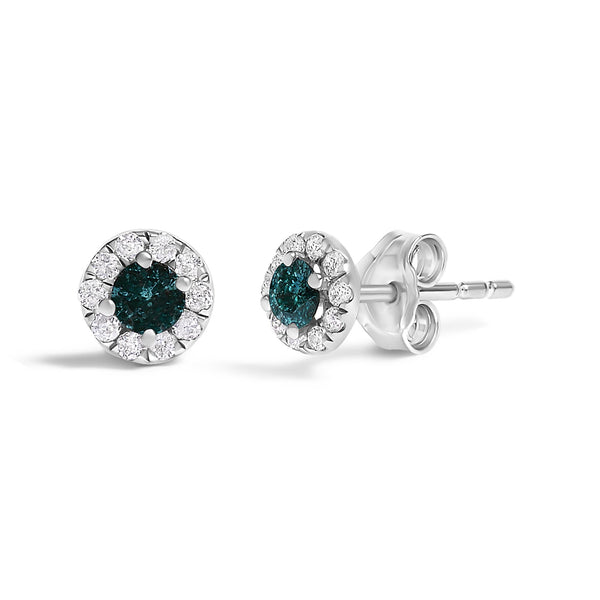 Aretes de botón de halo con diamantes azules tratados y blancos de 1/3 ct. p.t. en plata de ley, foto 1