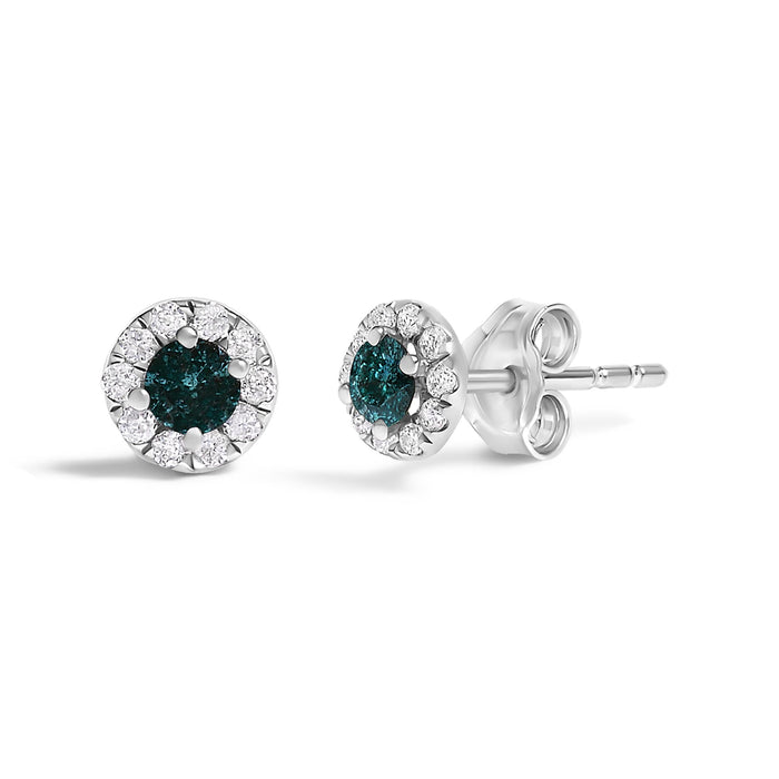 Aretes de botón de halo con diamantes azules tratados y blancos de 1/3 ct. p.t. en plata de ley, foto 1