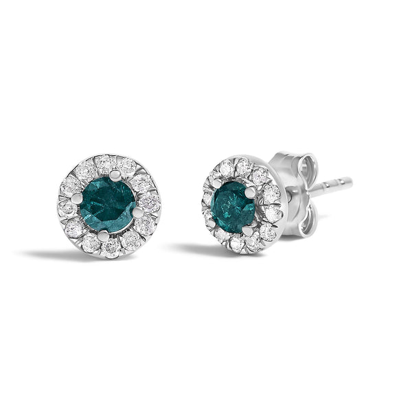 1/2 Ct. T.W. Treated Blue Diamond Halo Stud Earrings in Sterling Silver, photo 2