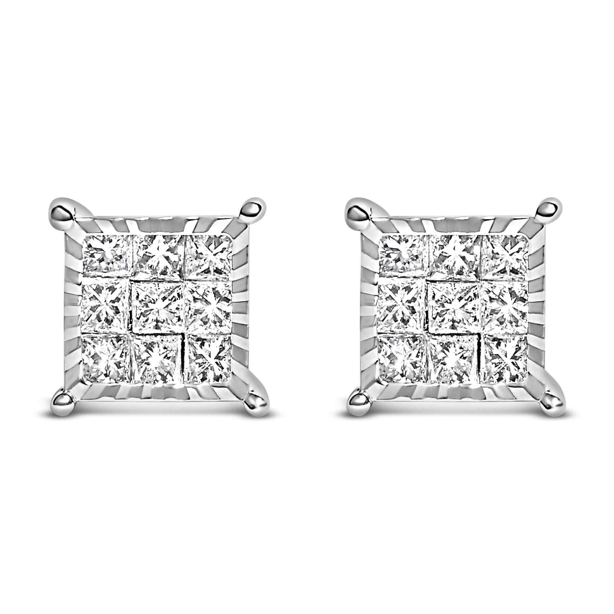 Aretes de botón cuadrados compuestos con diamantes talla princesa de 1/2 ct. p.t. en plata de ley, foto 1