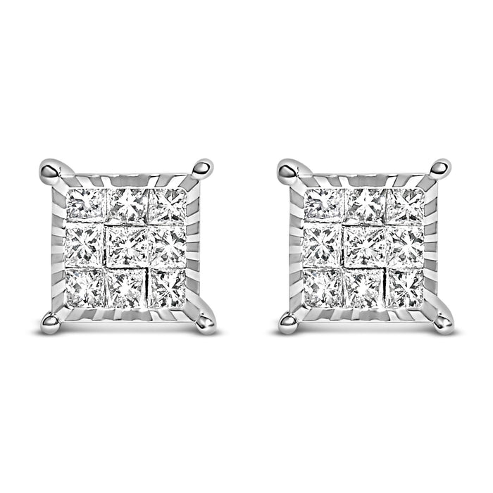 Aretes de botón cuadrados compuestos con diamantes talla princesa de 1/2 ct. p.t. en plata de ley, foto 1