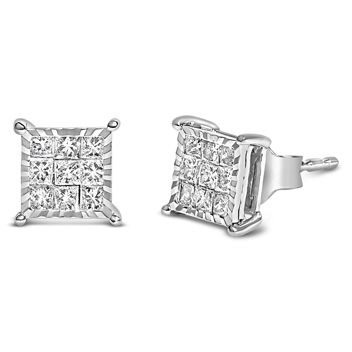 Aretes de botón cuadrados compuestos con diamantes talla princesa de 1/2 ct. p.t. en plata de ley, foto 2