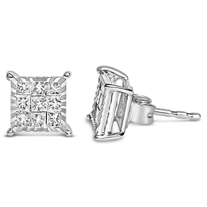 Aretes de botón cuadrados compuestos con diamantes talla princesa de 1/2 ct. p.t. en plata de ley, foto 4
