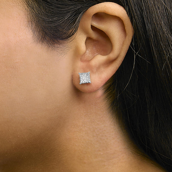 Aretes de botón cuadrados compuestos con diamantes talla princesa de 1/2 ct. p.t. en plata de ley, foto 3