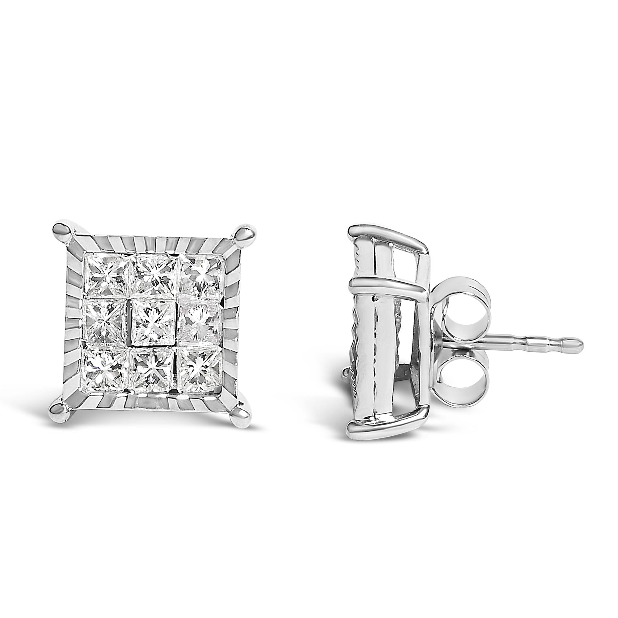 Aretes de botón cuadrados compuestos con diamantes talla princesa de 1 ct. p.t. en plata de ley, foto 1
