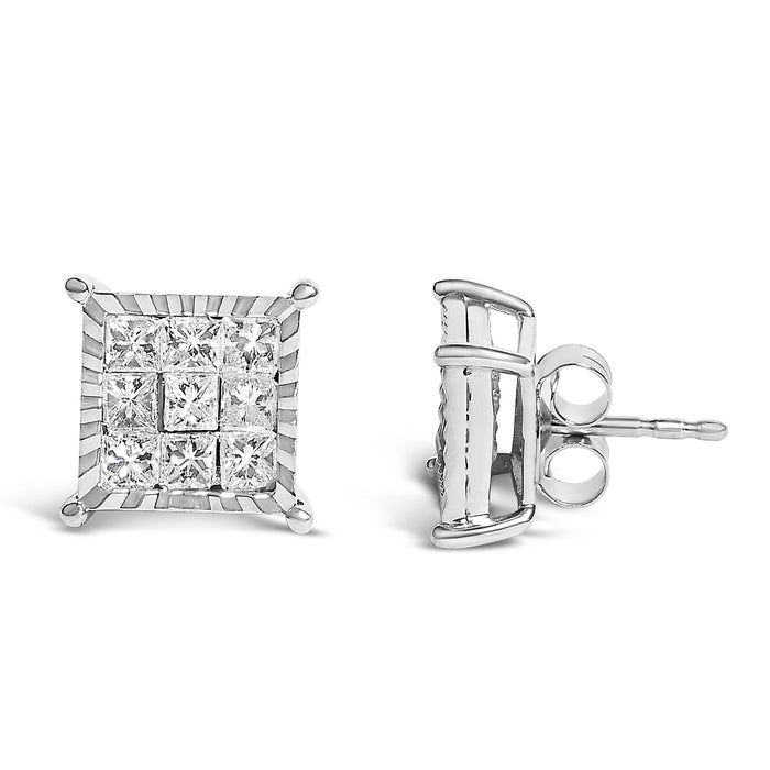 Aretes de botón cuadrados compuestos con diamantes talla princesa de 1 ct. p.t. en plata de ley, foto 1