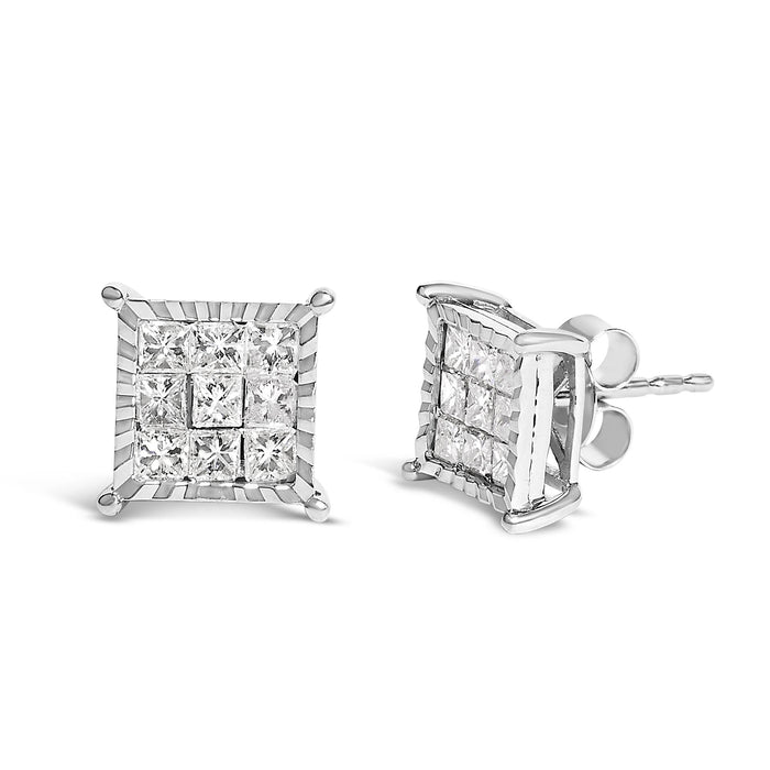 Aretes de botón cuadrados compuestos con diamantes talla princesa de 1 ct. p.t. en plata de ley, foto 2