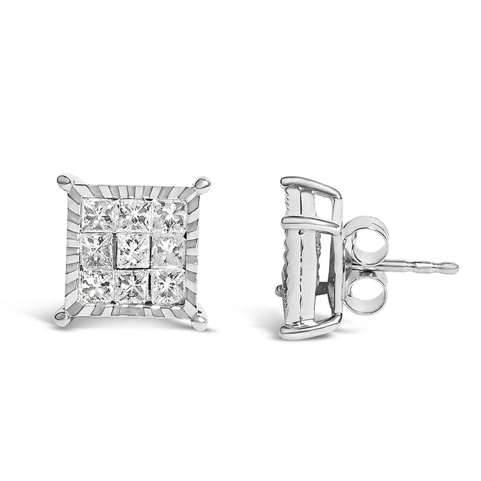 Aretes de botón cuadrados compuestos con diamantes talla princesa de 1 ct. p.t. en plata de ley, foto 4