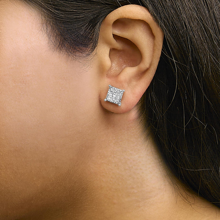 Aretes de botón cuadrados compuestos con diamantes talla princesa de 1 ct. p.t. en plata de ley, foto 3