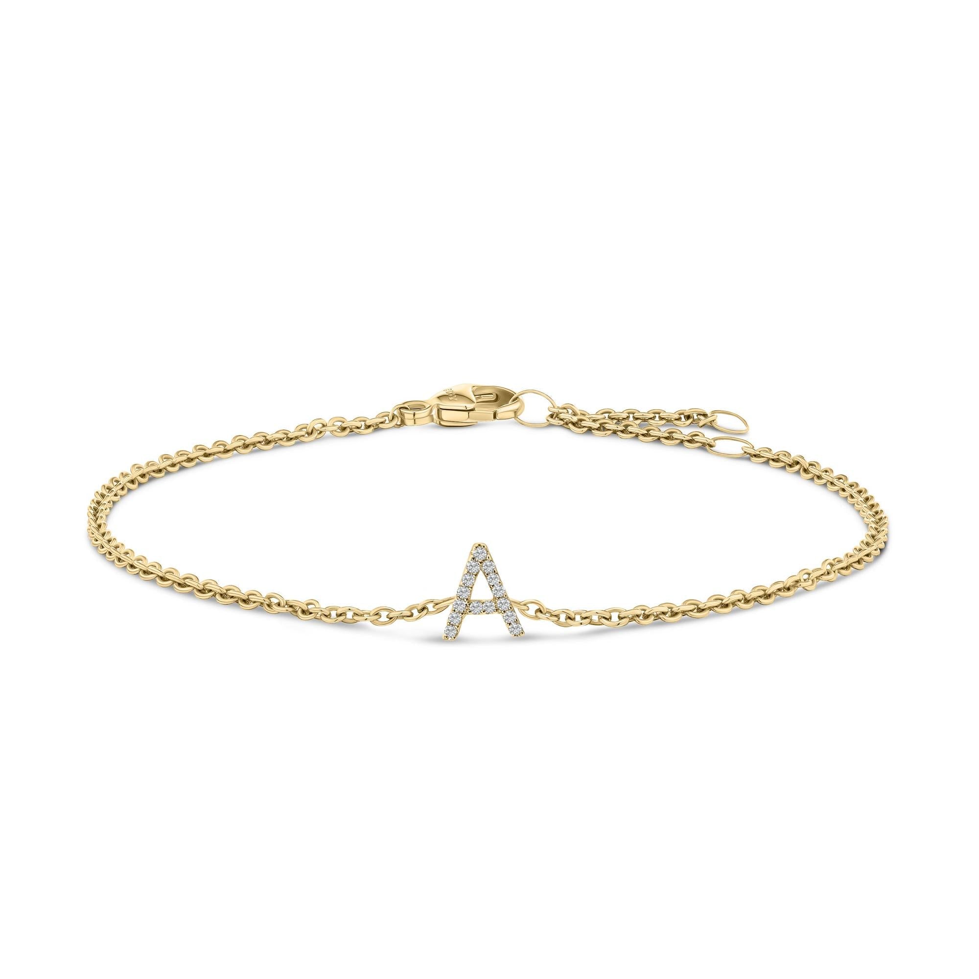 Pulsera de eslabones con dije de inicial A-Z y detalle de diamante en oro amarillo de 10K, foto 26