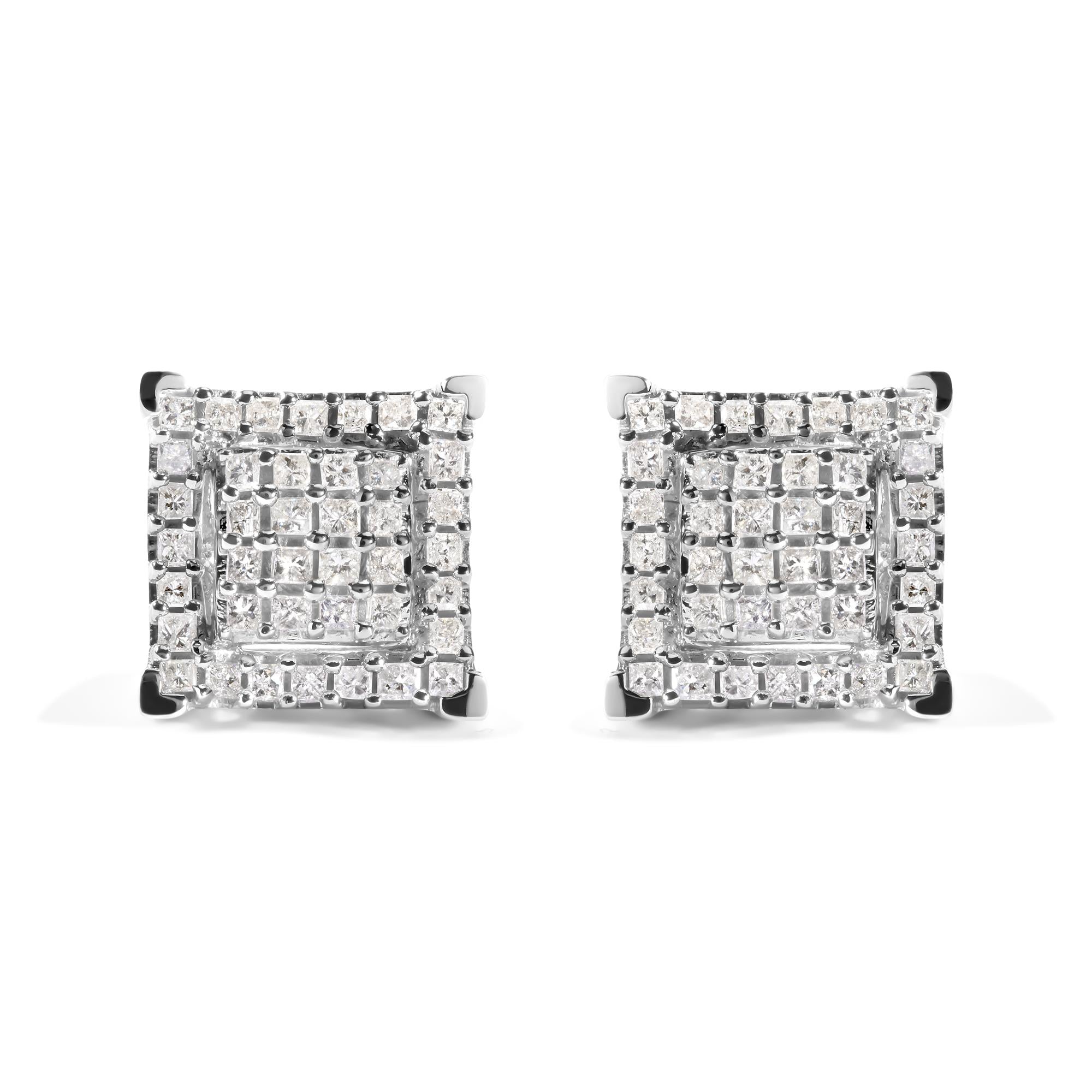 Aretes de botón de racimo con doble cuadrado, halo y diamantes talla princesa de 1 1/4 ct. p.t. en oro blanco de 10K, foto 1