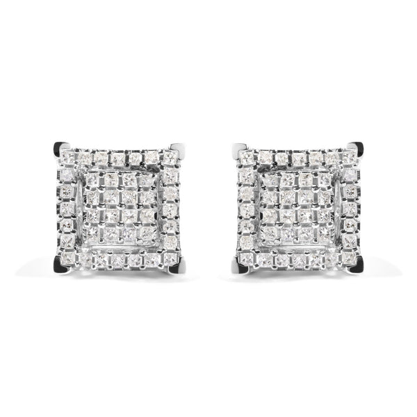 Aretes de botón de racimo con doble cuadrado, halo y diamantes talla princesa de 1 1/4 ct. p.t. en oro blanco de 10K, foto 1