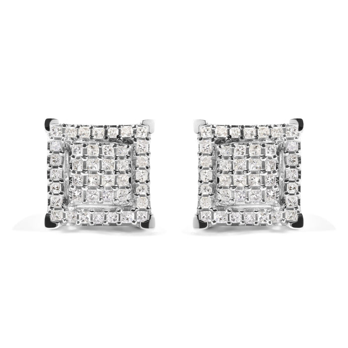 Aretes de botón de racimo con doble cuadrado, halo y diamantes talla princesa de 1 1/4 ct. p.t. en oro blanco de 10K, foto 1
