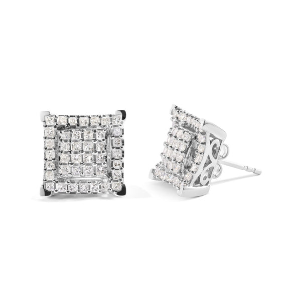 Aretes de botón de racimo con doble cuadrado, halo y diamantes talla princesa de 1 1/4 ct. p.t. en oro blanco de 10K, foto 2