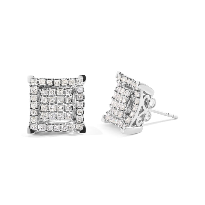Aretes de botón de racimo con doble cuadrado, halo y diamantes talla princesa de 1 1/4 ct. p.t. en oro blanco de 10K, foto 2