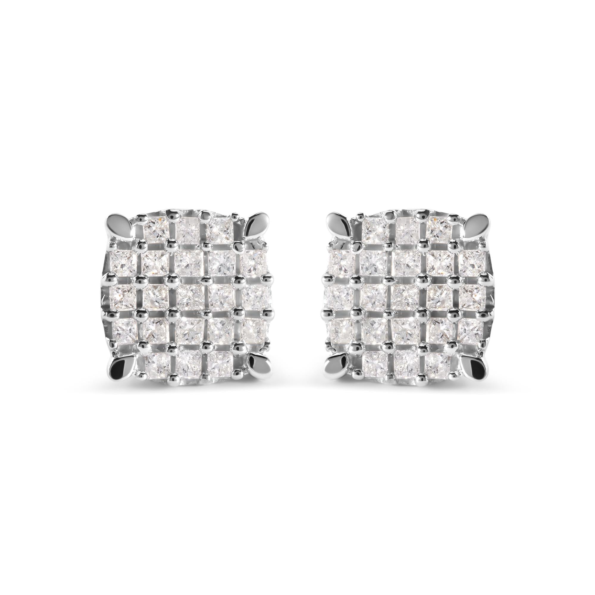 Aretes de botón de racimo en forma de cojín con diamantes talla princesa de 3/4 ct. p.t. en oro blanco de 10K, foto 1