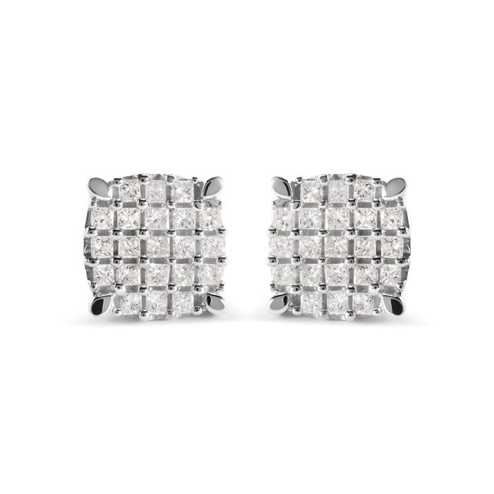 Aretes de botón de racimo en forma de cojín con diamantes talla princesa de 3/4 ct. p.t. en oro blanco de 10K, foto 1